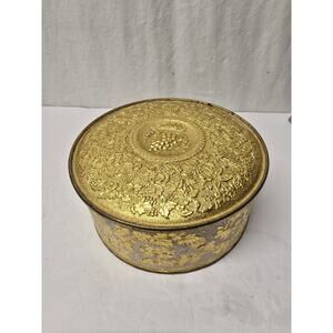 Guildcraft Ornate Cookie Sewing Metal Tin Gold Filigree 7.5" Round Ornate